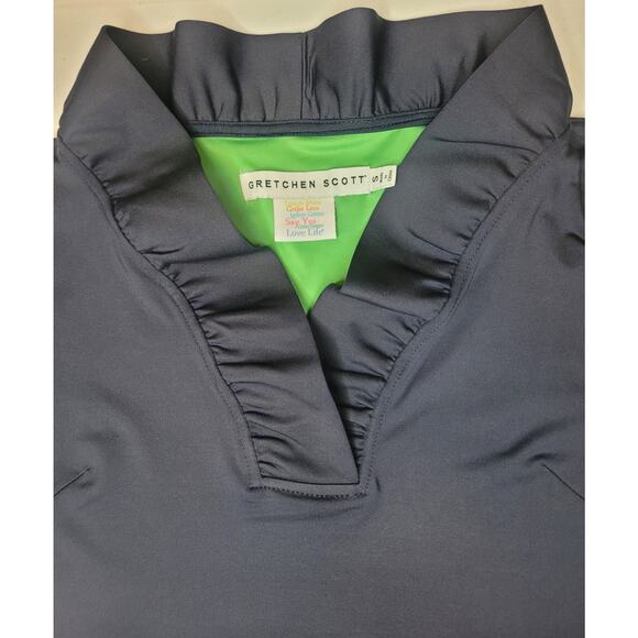 Gretchen Scott Women's Small Ruffle Neck 3/4 Sleeve Stretchy Top Navy Casual - Picture 3 of 13